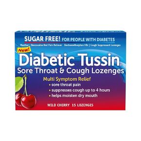 Diabetic Tussin Sore Throat Lozenges, Multi-Symptom Relief Cough Drops, Sugar Free Wild Cherry Flavor, 15 Cough Lozenges, 1 Box