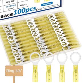 smseace 100PCS 3/8" Heat Shrink Ring Terminals 12-10AWG Heat Shrink Ring Connectors Waterproof Marine Ring Terminals for Automobile/Boat/Industrial Electrical Connections