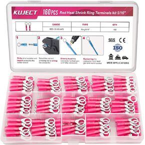 Kuject 160PCS Heat Shrink Ring Terminals 5/16", Copper Heat Shrink Wire Connectors, Electrical Wire Terminals kit for Automotive Marine Boat Truck- Red 22-16 AWG