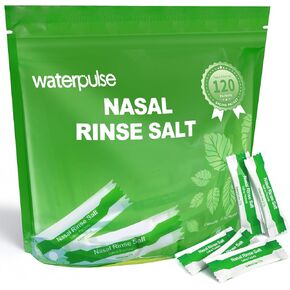 Waterpulse 120 Saline Packets,Premixed Neti Pot Salt Packets Individually Wrapped,Nasal Rinse Packets Sinus Rinsing Packets for Nasal Irrigation System,Nasal Flush Neti Pot Squeeze Bottle,Natural Mint