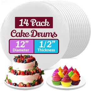 Reli. Cake Boards Drum 12 Inch (14 Pack) | White Thick Cake Boards 12 Inch Round | 1/2" Thick Cake Board Drum | Greaseproof Round Cake Drum | Smooth Cake Boards | Cake Drum for All Desserts