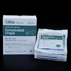 Sterile Disposable Vet Adhesive Fenestrated 2-ply Surgical Drape 24"x24" (Fenestration Size: 2.4x1.0 inch) | for Veterinary use only (2 Box (12pcs))
