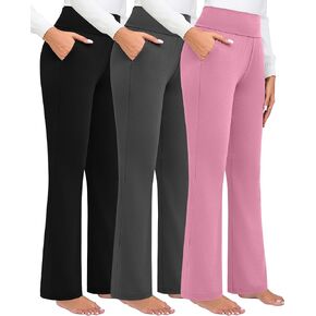 3 Pack Women's High Waist Flare Pants, Bootcut Pants with Pockets Wide Leg Yoga Pants Belly Control Work Dress Pants