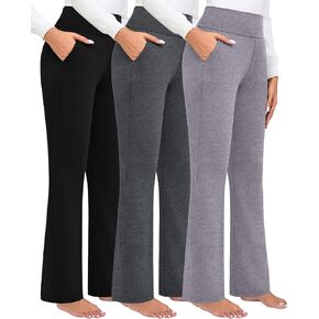3 Pack Women's High Waist Flare Pants, Bootcut Pants with Pockets Wide Leg Yoga Pants Belly Control Work Dress Pants in Kuwait