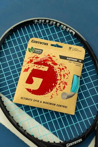 GAMMA Sapphire Tennis String, Earth-Friendly Tennis Racket Strings with AMP Copolyester Technology for Effortless Spin and Precision, 16 and 17 Gauge, Reel, Set in Kuwait