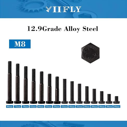 M8x 50mm Hex Head Screws Bolts, M8x1.25 Bolt,12.9 Grade Alloy Steel, Hexagon Head Bolts, Black Oxide Finish, Half Thread,Quantity 10 in Saudi Arabia