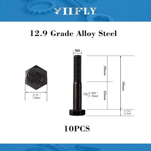 M8x 50mm Hex Head Screws Bolts, M8x1.25 Bolt,12.9 Grade Alloy Steel, Hexagon Head Bolts, Black Oxide Finish, Half Thread,Quantity 10 in Saudi Arabia