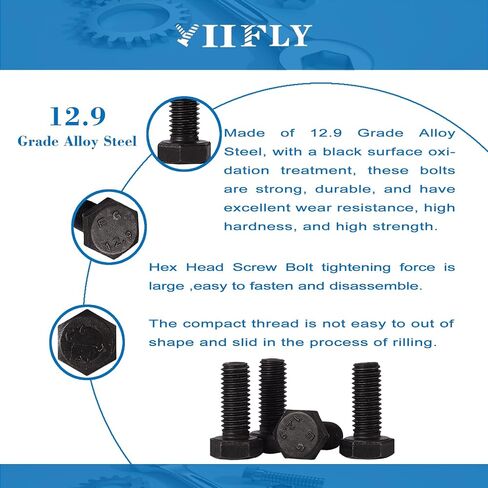 M8x 50mm Hex Head Screws Bolts, M8x1.25 Bolt,12.9 Grade Alloy Steel, Hexagon Head Bolts, Black Oxide Finish, Half Thread,Quantity 10 in Saudi Arabia