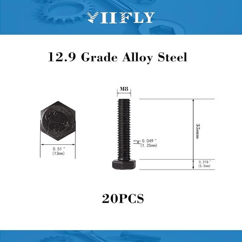 M8x 50mm Hex Head Screws Bolts, M8x1.25 Bolt,12.9 Grade Alloy Steel, Hexagon Head Bolts, Black Oxide Finish, Half Thread,Quantity 10 in Saudi Arabia