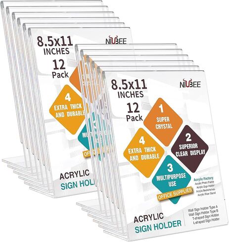 12 حزمة من NIUBEE حامل لافتات أكريليك خلفي مائل مقاس 8.5 × 11، إطارات إطارات صور عمودية شفافة، حامل حامل مستندات لسطح المكتب وحامل عرض ورقي in Saudi Arabia