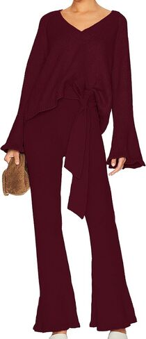 Jumppmile Women's 2 Piece Outfits Set V Neck Knit Top Wide Leg Flare Pants Sweater Sets Sweatsuit in Saudi Arabia