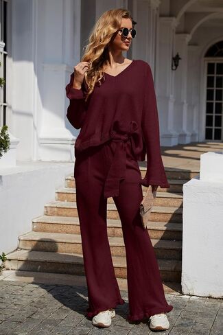 Jumppmile Women's 2 Piece Outfits Set V Neck Knit Top Wide Leg Flare Pants Sweater Sets Sweatsuit in Saudi Arabia