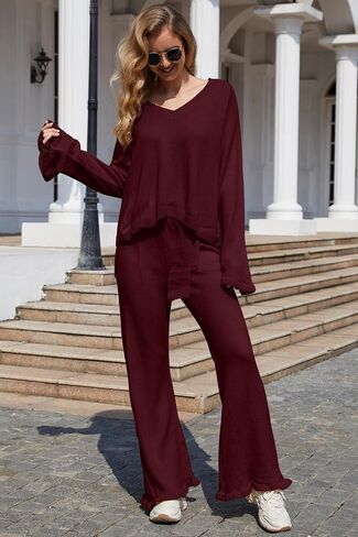 Jumppmile Women's 2 Piece Outfits Set V Neck Knit Top Wide Leg Flare Pants Sweater Sets Sweatsuit in Saudi Arabia
