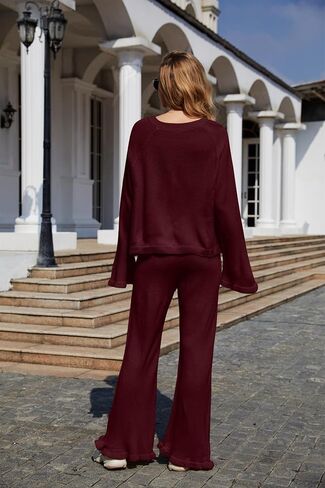 Jumppmile Women's 2 Piece Outfits Set V Neck Knit Top Wide Leg Flare Pants Sweater Sets Sweatsuit in Saudi Arabia