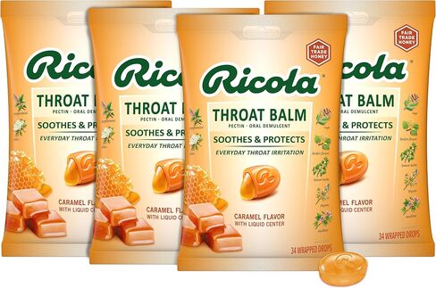 Ricola Throat Balm Caramel Throat Drops with Liquid Center, 34 Count (Pack of 4) Coat & Protect Your Throat, Daily Throat Relief & Protection, Oral Demulcent in Kuwait