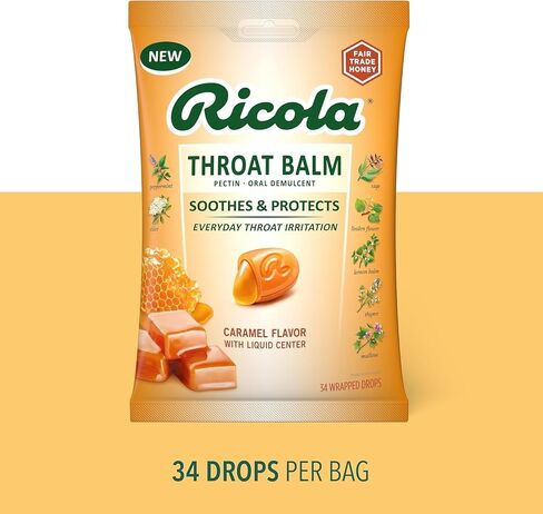 Ricola Throat Balm Caramel Throat Drops with Liquid Center, 34 Count (Pack of 4) Coat & Protect Your Throat, Daily Throat Relief & Protection, Oral Demulcent in Kuwait