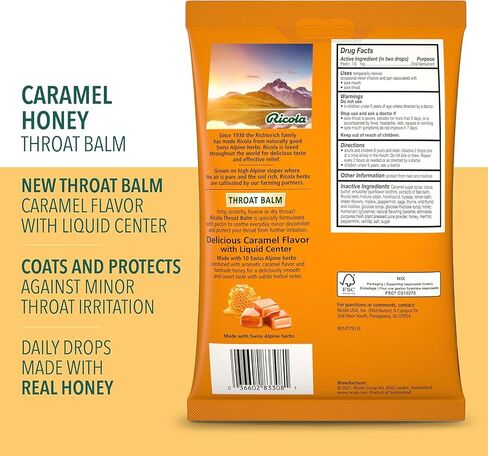 Ricola Throat Balm Caramel Throat Drops with Liquid Center, 34 Count (Pack of 4) Coat & Protect Your Throat, Daily Throat Relief & Protection, Oral Demulcent in Kuwait