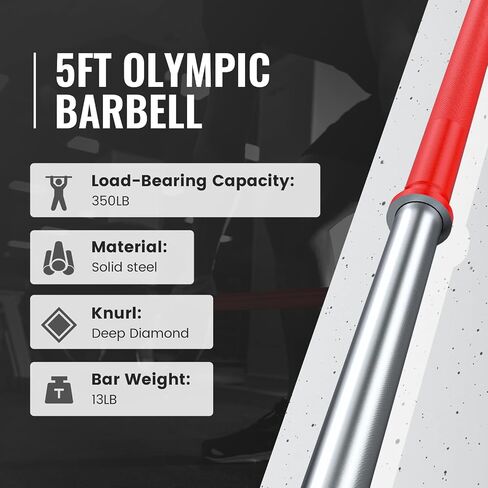 5FT/6FT Olympic Barbell 350LBS Capacity for Strength and Weightlifting Training, for 1 Inch Plates Olympic Bar Barbell for Squat, Curl, Deadlift, Bench Press, Overhead Press, Hip Thrust in Kuwait