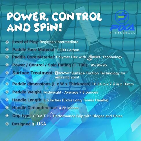 PIXA Mindrush T-300 Pickleball Paddle 16mm, Advanced Friction Surface, Amazing Power, Control, and Spin: USAPA Approved Great Gift! in Kuwait