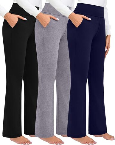 3 Pack Women's High Waist Flare Pants, Bootcut Pants with Pockets Wide Leg Yoga Pants Belly Control Work Dress Pants in Saudi Arabia