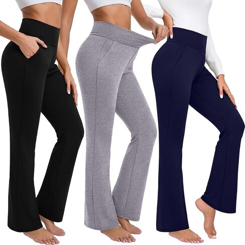 3 Pack Women's High Waist Flare Pants, Bootcut Pants with Pockets Wide Leg Yoga Pants Belly Control Work Dress Pants in Saudi Arabia