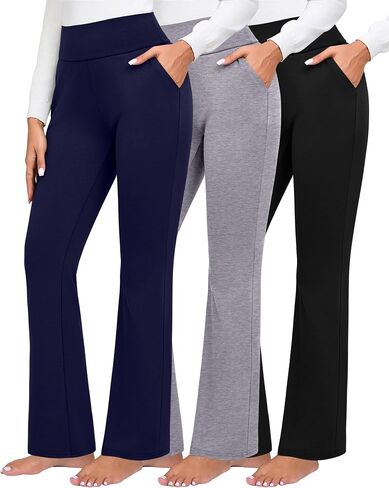 3 Pack Women's High Waist Flare Pants, Bootcut Pants with Pockets Wide Leg Yoga Pants Belly Control Work Dress Pants in Saudi Arabia