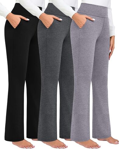 3 Pack Women's High Waist Flare Pants, Bootcut Pants with Pockets Wide Leg Yoga Pants Belly Control Work Dress Pants in Kuwait