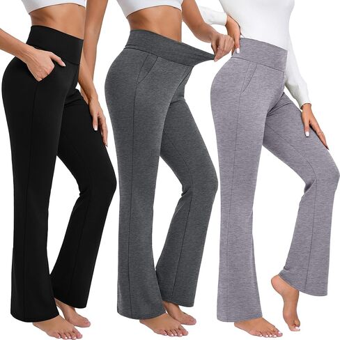 3 Pack Women's High Waist Flare Pants, Bootcut Pants with Pockets Wide Leg Yoga Pants Belly Control Work Dress Pants in Kuwait