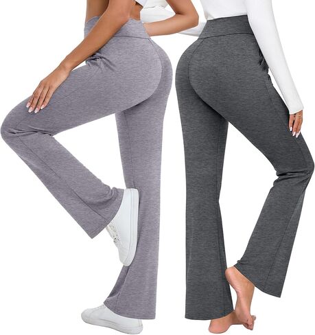 3 Pack Women's High Waist Flare Pants, Bootcut Pants with Pockets Wide Leg Yoga Pants Belly Control Work Dress Pants in Kuwait