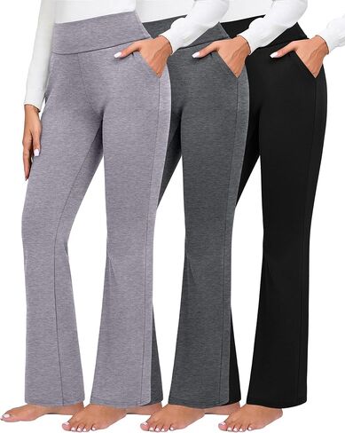 3 Pack Women's High Waist Flare Pants, Bootcut Pants with Pockets Wide Leg Yoga Pants Belly Control Work Dress Pants in Kuwait