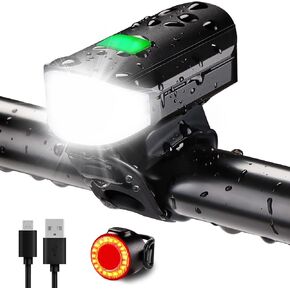 Bike Lights Set 1500LM USB Rechargeable Bicycle Headlight & Tail Light Waterproof 5 Lighting Modes Fits Bicycles for Road and Mountain