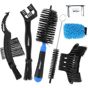 Bike Cleaning Kit (6 Pcs) with 1 Storage Bag, 5 Brushes for Tires, Chain, Sprockets, Cranks, Hubs, and Spokes, 1 Cleaning Mitt for Frame, Saddle, Clean Tools for MTB/Road/BMX/E-Bike/Gravel Bike
