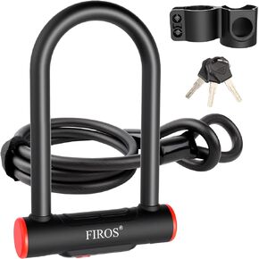 FIROS Bike U Lock with Cable Heavy Duty Bike Lock, 16mm Bicycle Lock with Security Cable and Sturdy Mounting Bracket for Road Bike Mountain Bike Motorcycle and More (Black, Small with 4FT Cable)