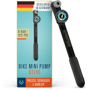 مضخة دراجة صغيرة ستيف - لجميع الصمامات 120 رطل لكل بوصة مربعة / 8.3 بار الحد الأقصى للضغط I مقياس كبير (1.5 بوصة) I مريح على شكل حرف T I مضخة دراجة لصمام بريستا وشرايدر ودنلوب in Kuwait