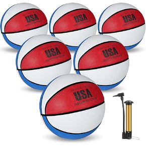 Junkin 6 Pcs Rubber Basketballs Bulk with Pump Official Size 5 6 7 Indoor Outdoor Basketball Balls Weighted Training Basketball for Game Practice Training Kids Youth Teens Adults