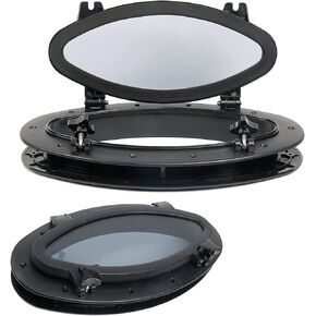 Amarine-made Pair of Boat Yacht Elliptical Oval Opening Portlight Porthole 16" X 8-5/8" Replacement Window Port Hole - ABS , Tempered Glass, Color: White, Black (Black)