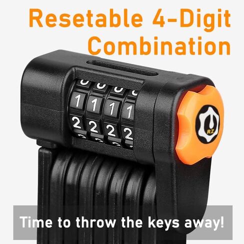 قفل دراجة قابل للطي من ROZZWILD مكون من 4 أرقام مضاد للسرقة وشديد التحمل من سبائك الصلب وطبقة مضادة للخدش ومقاومة للماء ومضادة للصدأ وقفل سلسلة قابل للطي للدراجات الهوائية والسكوتر مع دعامة تثبيت in Kuwait