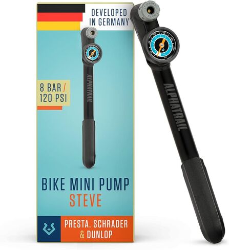 مضخة دراجة صغيرة ستيف - لجميع الصمامات 120 رطل لكل بوصة مربعة / 8.3 بار الحد الأقصى للضغط I مقياس كبير (1.5 بوصة) I مريح على شكل حرف T I مضخة دراجة لصمام بريستا وشرايدر ودنلوب in Kuwait