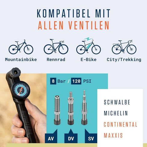 مضخة دراجة صغيرة ستيف - لجميع الصمامات 120 رطل لكل بوصة مربعة / 8.3 بار الحد الأقصى للضغط I مقياس كبير (1.5 بوصة) I مريح على شكل حرف T I مضخة دراجة لصمام بريستا وشرايدر ودنلوب in Kuwait