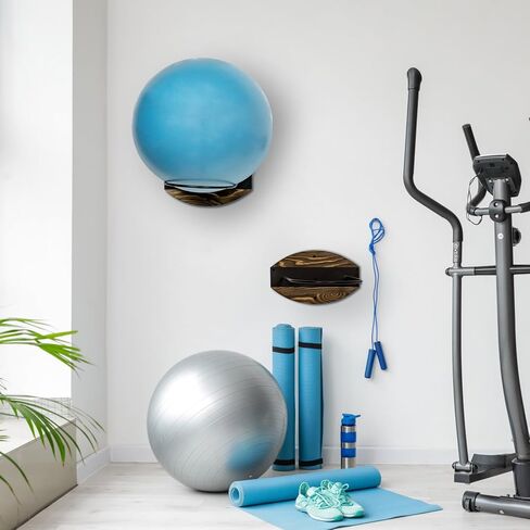 MyGift Wall Mounted Exercise Stability Ball Holder, Rustic Burnt Solid Wood and Black Metal Wire Display Rack for Yoga Balls in Home Gym or Studio, Set of 2 in Kuwait