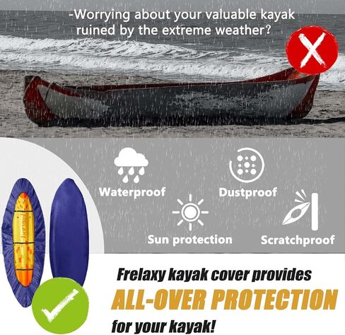 غطاء Frelaxy 420D Kayak، أغطية قوارب الكاياك شديدة التحمل مقاومة للماء والأشعة فوق البنفسجية للتخزين في الهواء الطلق، غطاء غبار قوي للغاية لتخزين الزورق، رائع للاستخدام الداخلي والخارجي 9.8-13.5 قدم in Kuwait