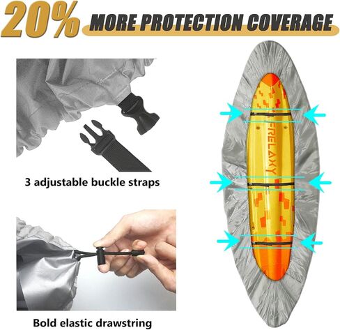 غطاء Frelaxy 420D Kayak، أغطية قوارب الكاياك شديدة التحمل مقاومة للماء والأشعة فوق البنفسجية للتخزين في الهواء الطلق، غطاء غبار قوي للغاية لتخزين الزورق، رائع للاستخدام الداخلي والخارجي 9.8-13.5 قدم in Kuwait
