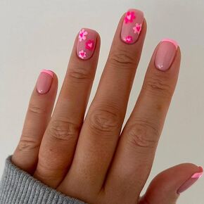 Flower Press on Nails Short Square Fake Nails, French Tip Press on Nails Pink Flower with Designs Glossy Acrylic Nails Glue on Nails Full Cover False Nails for Women and Girls 24pcs