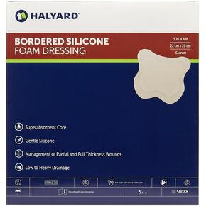 HALYARD* Multi-Layer Bordered Silicone Foam Dressing Sacral Bandage Gentle Adhesive with Superabsorbent Core, Conformable & Breathable Water Resistant Protective Film Backing, 9"x8" (Box of 5)