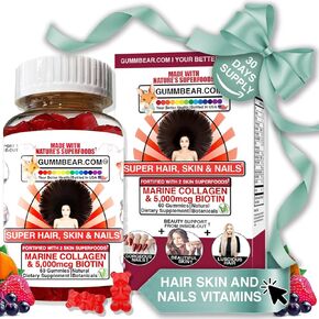 GummBear Hair Skin and Nails Vitamins; Hair Growth, Skin & Nail Aid; Biotin 5000mcg; Marine Collagen Gummies; Biotin Collagen Gummies; Vitamin A, Vitamin C, Vitamin E, Vitamin B12, Folic Acid & Zinc