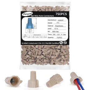 750PCS Tan Wire Nuts Connectors P11 Twist Wire Caps Electrical Wire Connectors, Winged Springs Screw Terminals Wire Nuts Tan Assortment Kit for Wire Connection