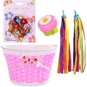 MINI-FACTORY Bike Accessories 4Pcs/Set Bicycle Basket Bell Decoration Play Gift Set for Girls (Basket + Bell + Streamer + Wheel Spoke)