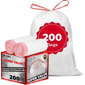 Super Value All Purpose 200 Pack Trash Bags 13 Gallon White Garbage Bags - Light Yard Waste Bags for Empty Bottles, Household, Extra Large Trash Bags Outdoor Trash Bags Durable Kitchen Trash Bags