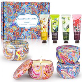 Scented Candles Hand Cream Gift Set for Women, 4 PCS Candles for Home Scented + 4 PCS Mini Travel Size Hand Lotion, Soy Wax Aromatherapy Candles Set, Gifts for Christmas Stocking Stuffers, Birthday