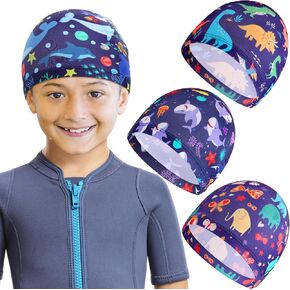4 Pcs Kids Swim Caps, Toddler Swimming Hat, Unisex Child's Bathing Cap, Fabric Swimming Caps for Kids, Pool Cap for Boys Girls Long Short Hair, One Size(4 Cute Patterns)
